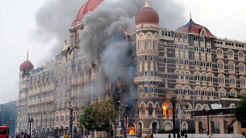 A view of the Taj Mahal Palace hotel in Mumbai during the targeted 2008 terror attacks on the Indian city.
